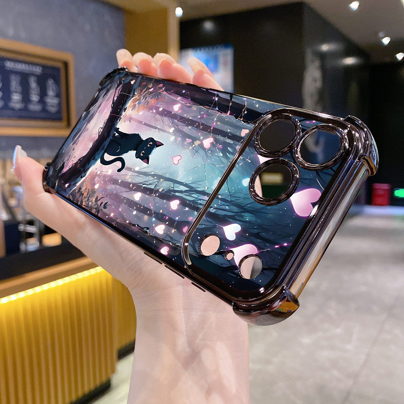 for iPhone 17 Pro Max 16 15 14 Plus Plating Phone Case Shockproof Cover Black Cat Heart Flower