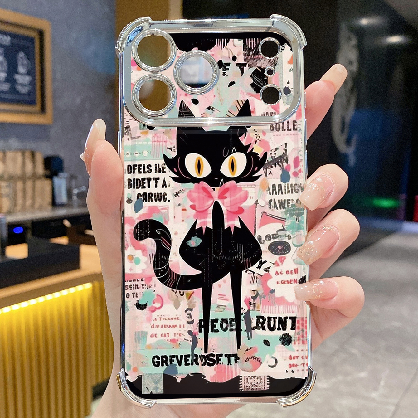 for iPhone 17 Pro Max 16 15 14 Plus Plating Phone Case Shockproof Cover Black Cat Heart Flower