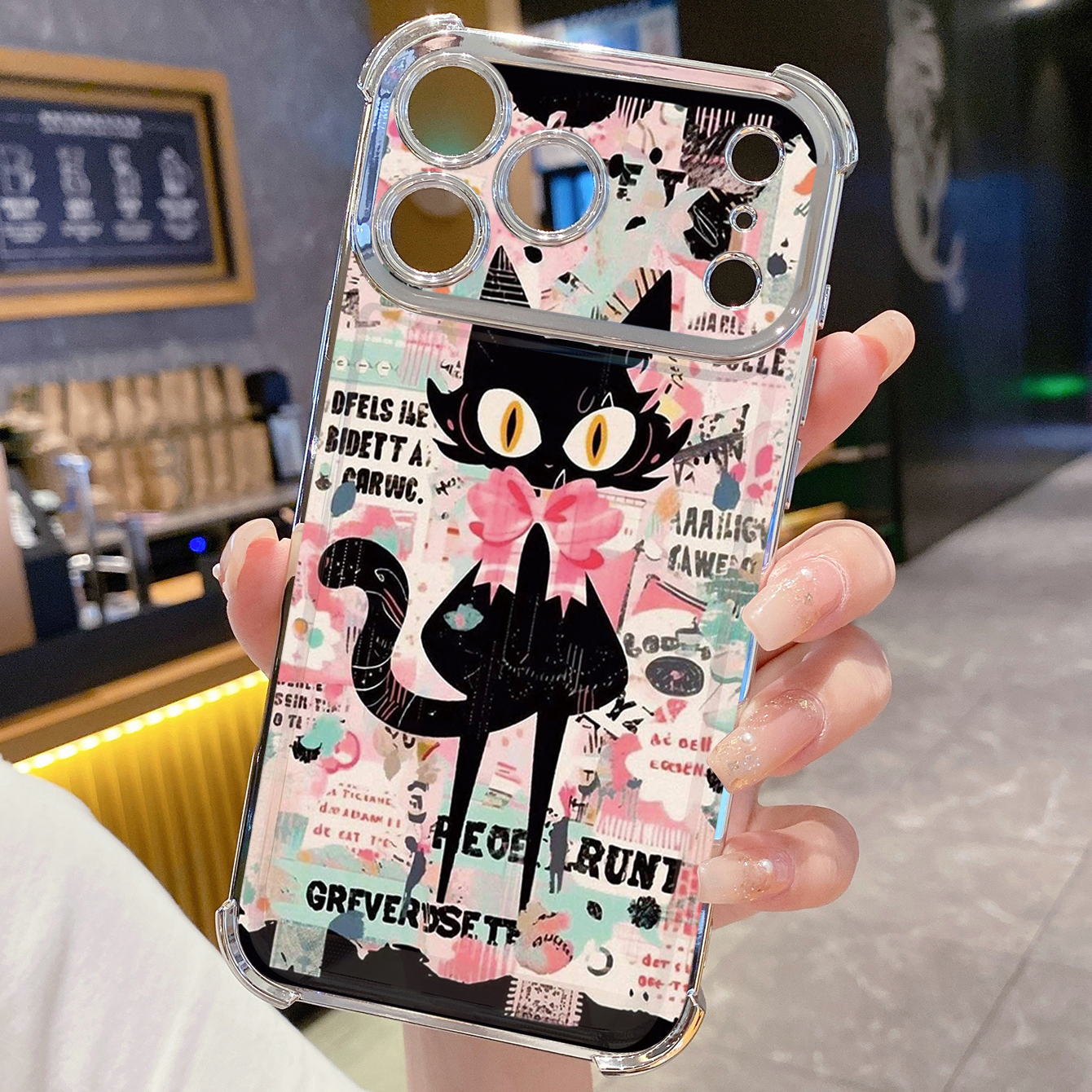 for iPhone 17 Pro Max 16 15 14 Plus Plating Phone Case Shockproof Cover Black Cat Heart Flower