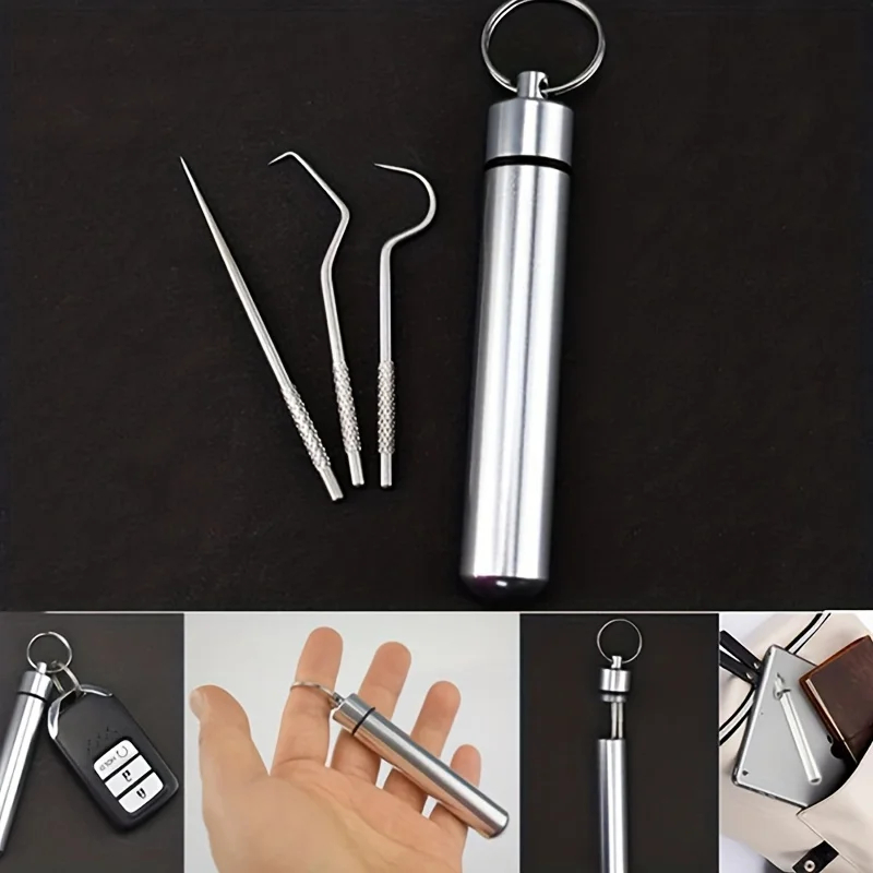 4pcs-set Portable Stainless Steel Toothpicks Pocket Set Reusable Metal Toothpicks Cleaning Kit Dental Floss For Travel Teeth Sticks
