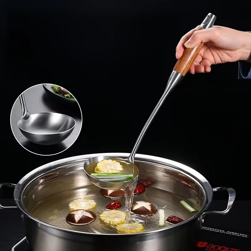 Pot Spatula + Pot Spoon Household Stainless Steel Cooking Set, Spatula and Soup Spoon with Wooden Handle, Anti-Scald, Durable, Extended Length