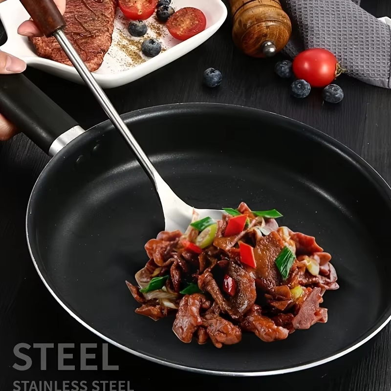 Pot Spatula + Pot Spoon Household Stainless Steel Cooking Set, Spatula and Soup Spoon with Wooden Handle, Anti-Scald, Durable, Extended Length