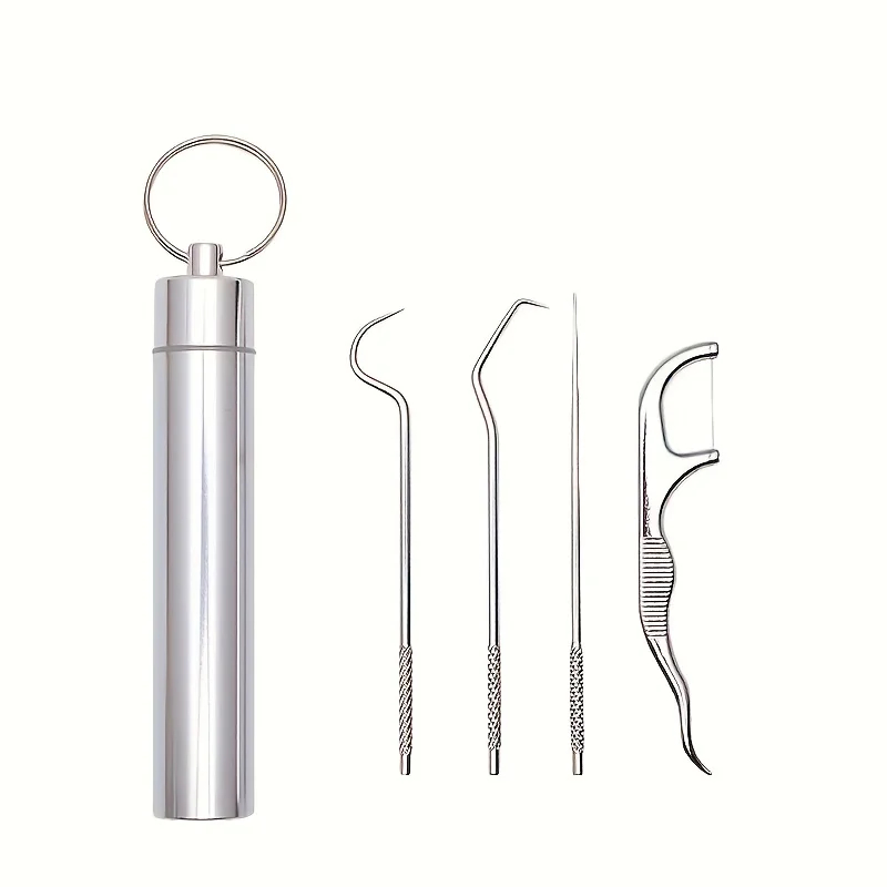 4pcs-set Portable Stainless Steel Toothpicks Pocket Set Reusable Metal Toothpicks Cleaning Kit Dental Floss For Travel Teeth Sticks