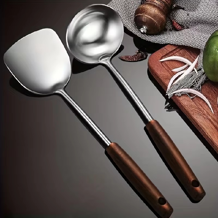 Pot Spatula + Pot Spoon Household Stainless Steel Cooking Set, Spatula and Soup Spoon with Wooden Handle, Anti-Scald, Durable, Extended Length
