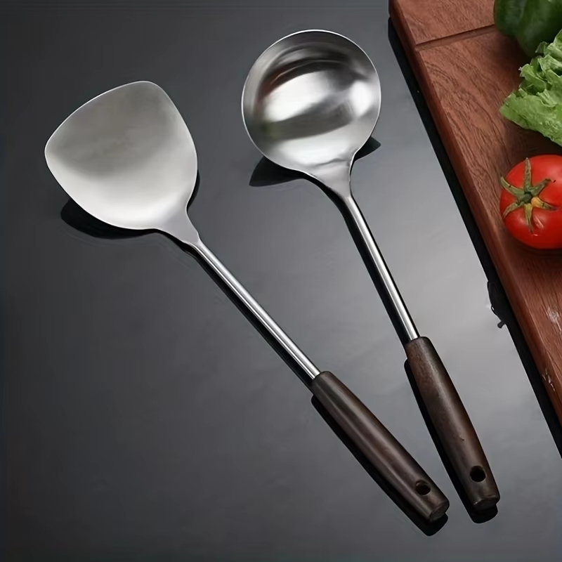 Pot Spatula + Pot Spoon Household Stainless Steel Cooking Set, Spatula and Soup Spoon with Wooden Handle, Anti-Scald, Durable, Extended Length