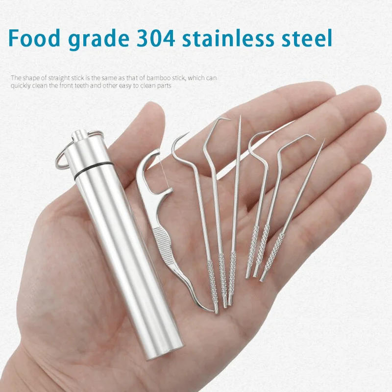 4pcs-set Portable Stainless Steel Toothpicks Pocket Set Reusable Metal Toothpicks Cleaning Kit Dental Floss For Travel Teeth Sticks