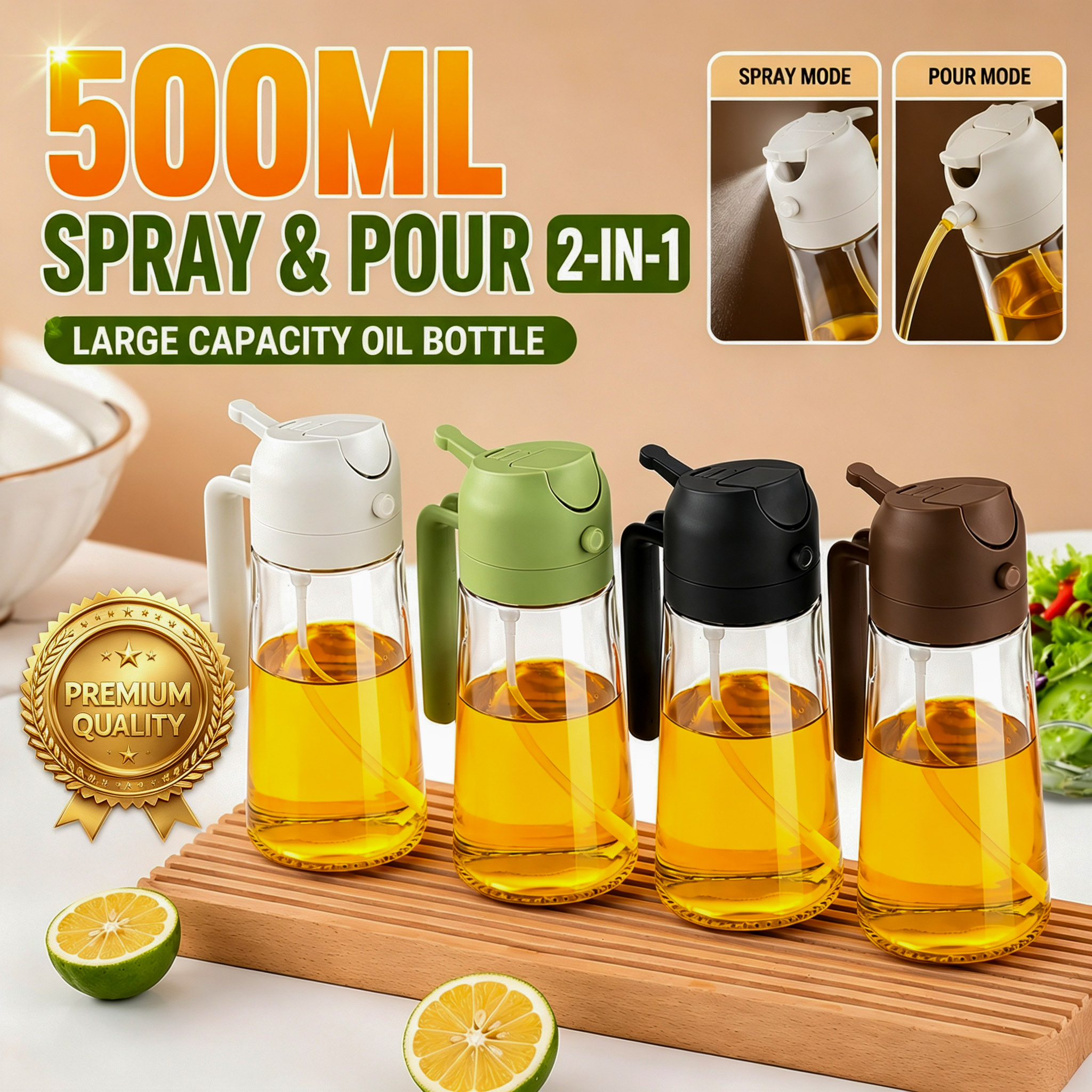 Oil dispenser bottle Glass oil spray bottle Auto-Flip & Oil Spray Multifunction Oil Jar Bottle 500ml Glass for Oil, Vinegar, etc.  Kitchen & Dining