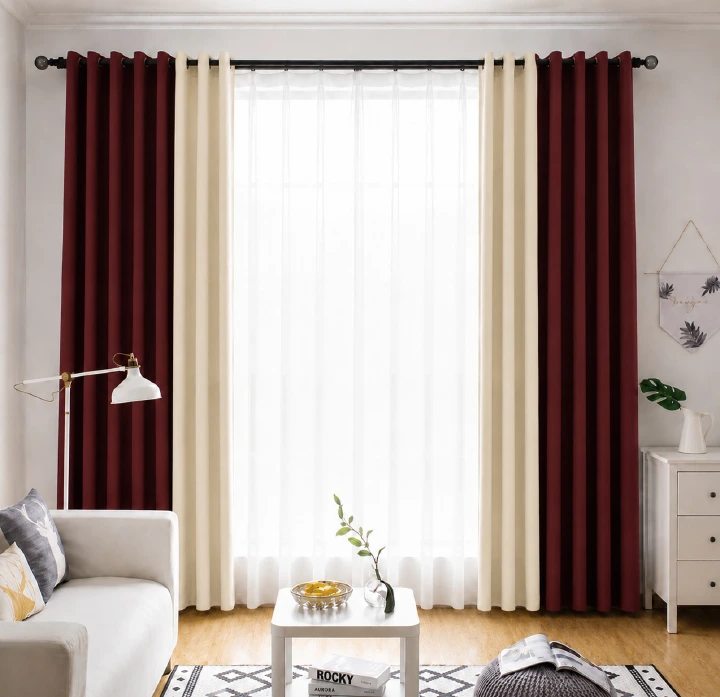 4Pcs Heavy Blackout Curtains Set -CREAM & MAROON, Polyester, Grommet Top, 240cm Height