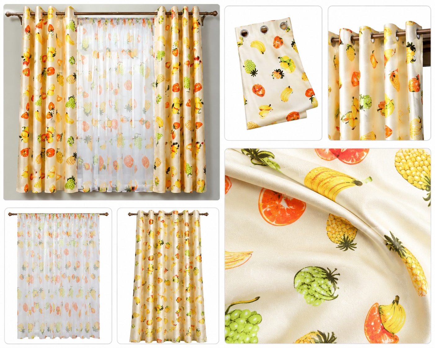 2pcs of Beige Curtain with fruits pattern and a Sheer