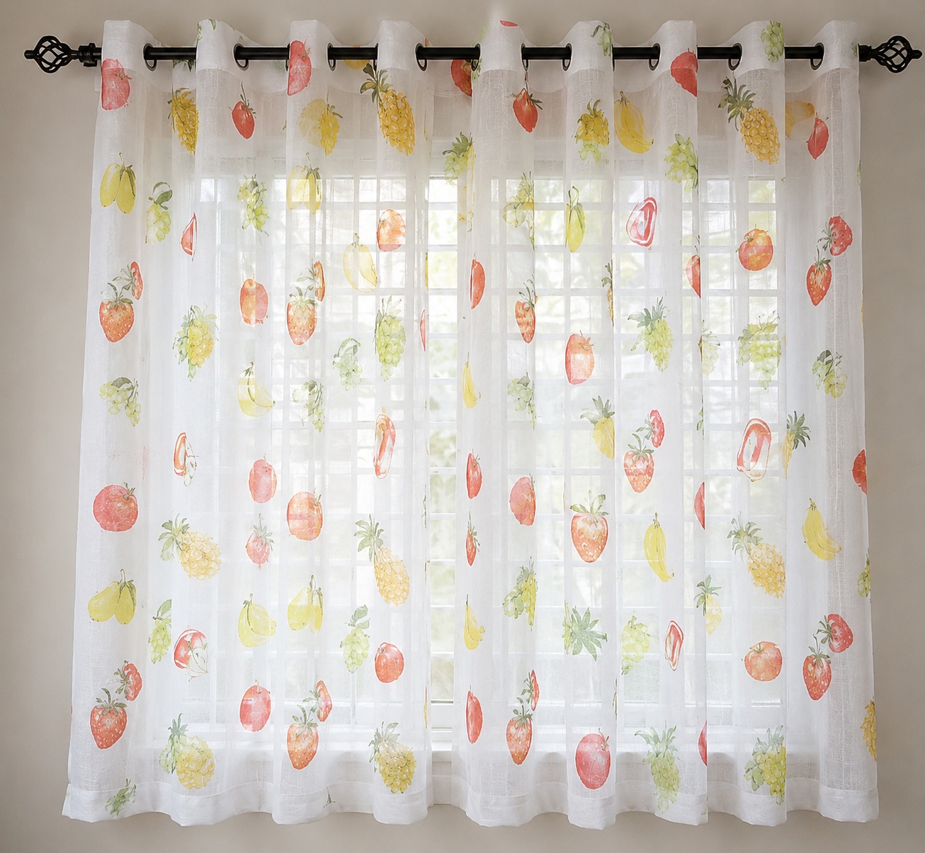 2pcs of Beige Curtain with fruits pattern and a Sheer