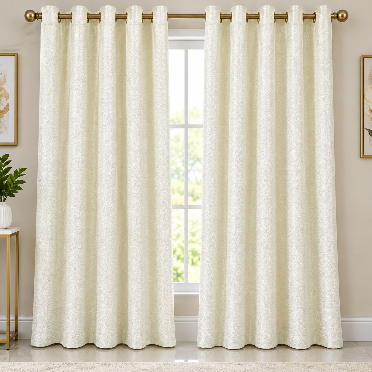 4Pcs Heavy Blackout Curtains Set -CREAM & MAROON, Polyester, Grommet Top, 240cm Height