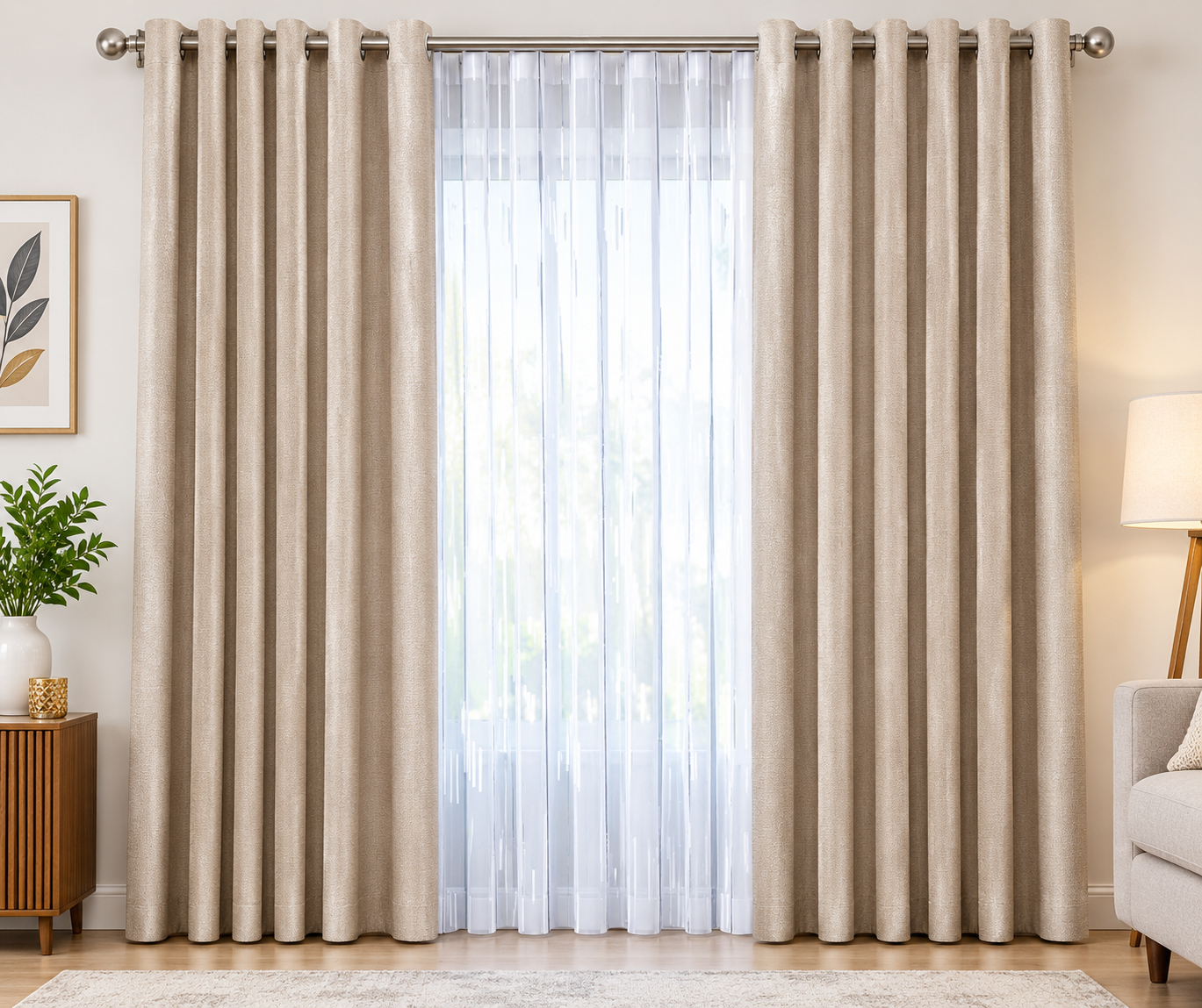 2Pcs×4M Superb Quality Heavy Fabric Light Grey Curtains With a Free 6M Cream white Sheer With Rod Pocket Header For Home Window and Door. Curtains Come with Eyelet Header and a height of 2.25m