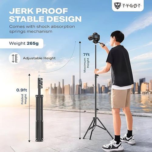 GeneAfrica Lightweight & Portable Portable 7 Feet (84 Inch) Long Tripod Stand with Adjustable Mobile Clip Holder for All Mobiles & Cameras (Black)