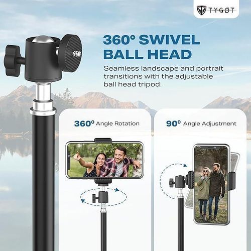 GeneAfrica Lightweight & Portable Portable 7 Feet (84 Inch) Long Tripod Stand with Adjustable Mobile Clip Holder for All Mobiles & Cameras (Black)