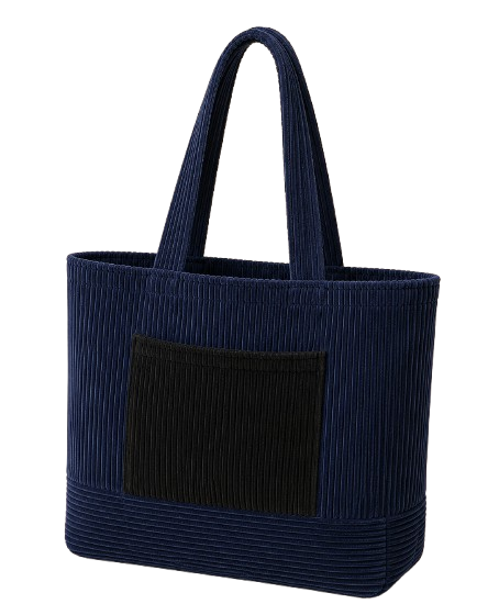 Corduroy Tote bag with side patch contrast pocket suitable for school, shopping, beach,