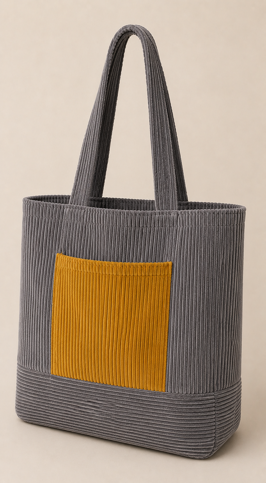 Corduroy Tote bag with side patch contrast pocket suitable for school, shopping, beach,