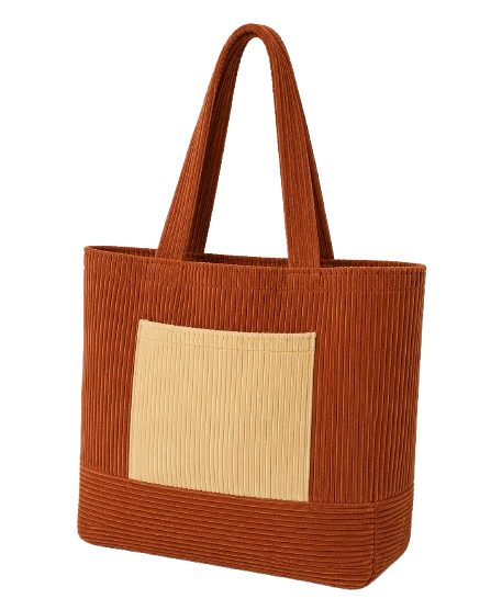 Corduroy Tote bag with side patch contrast pocket suitable for school, shopping, beach,