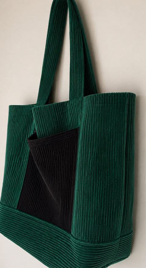 Corduroy Tote bag with side patch contrast pocket suitable for school, shopping, beach,