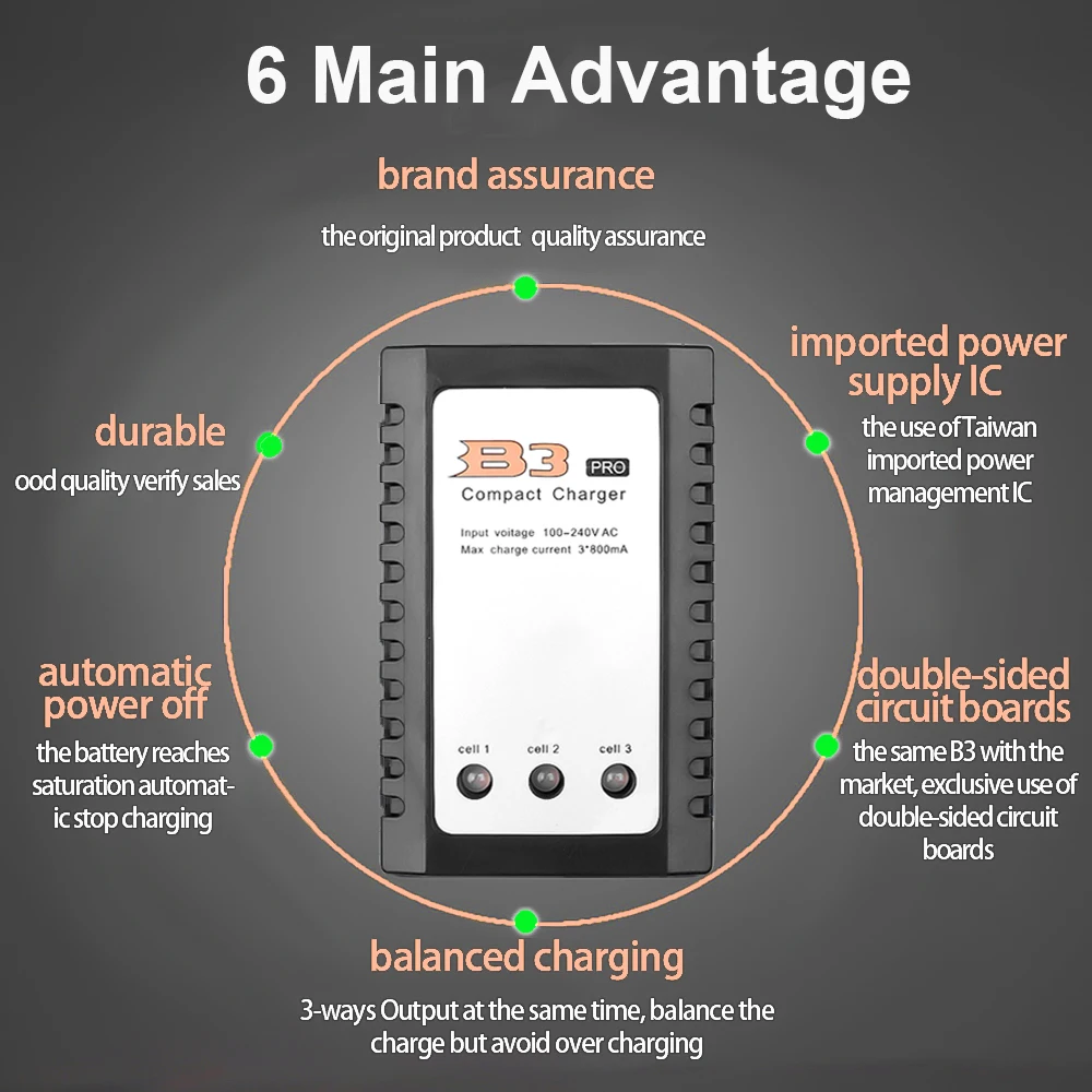 B3 Pro Compact Balance Charger 10W AC 100 - 240V for 2S 3S 7.4V 11.1V Lithium LiPo Battery B3AC for IMAX RC