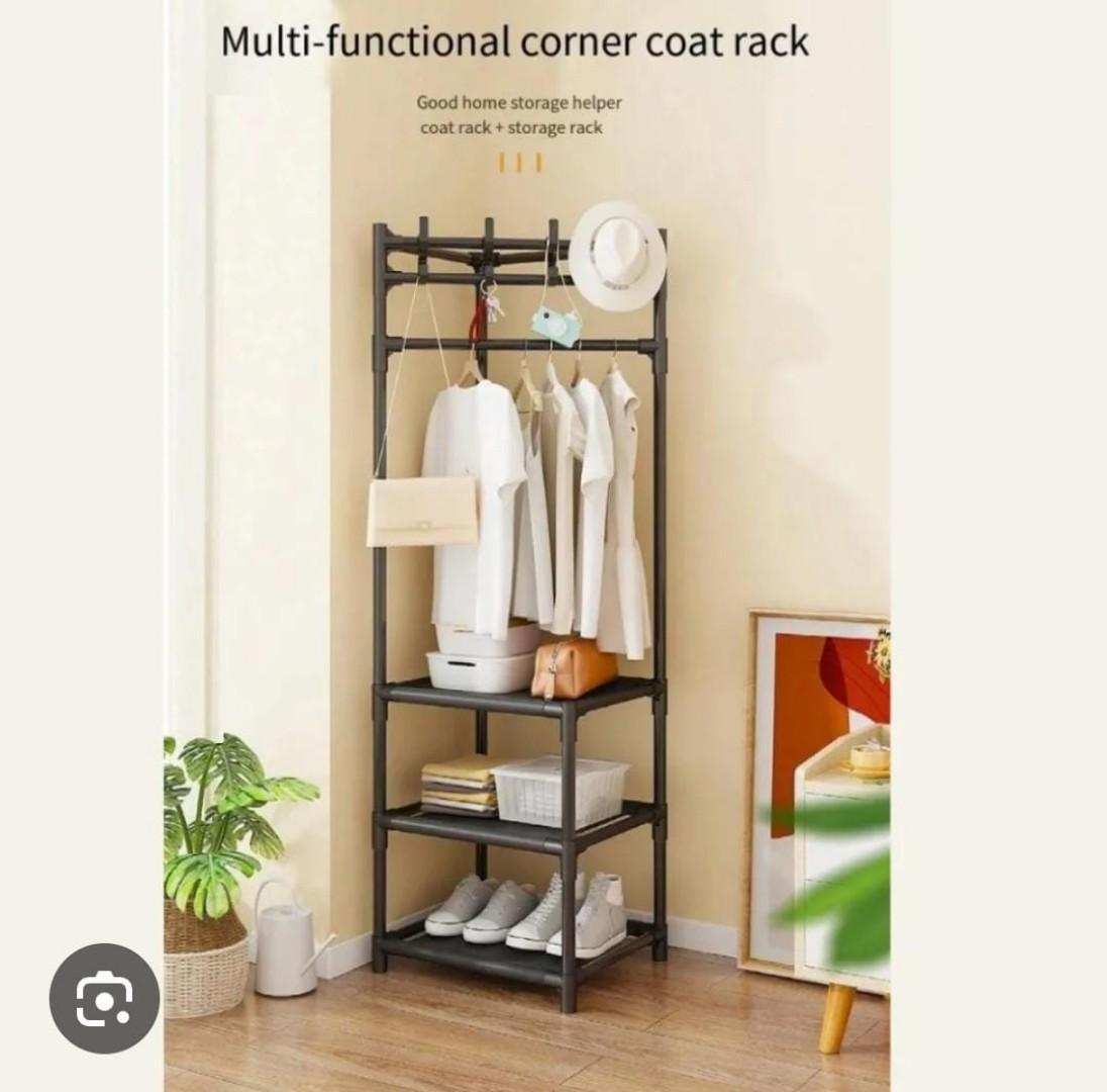 Multifunctional 3-Layer Metallic Corner Coat Hanging Rack L-Shaped Design