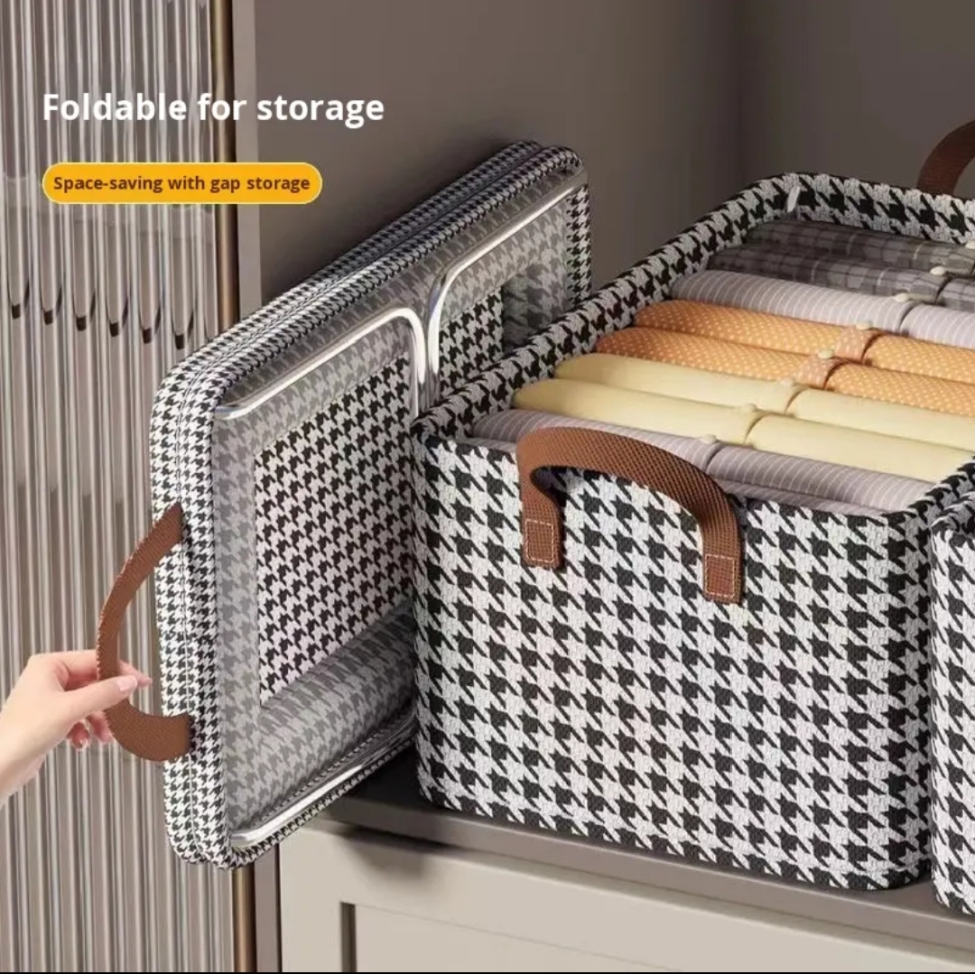 LARGE CAPACITY 47X28X20CM CANVAS MATERIAL FOLDABLE WITH STEEL FRAME FABRIC LAYERED CLOTHES STORAGE ORGANISER WARDROBE BASKET HOUSEHOLD CLOSET ORGANISER.