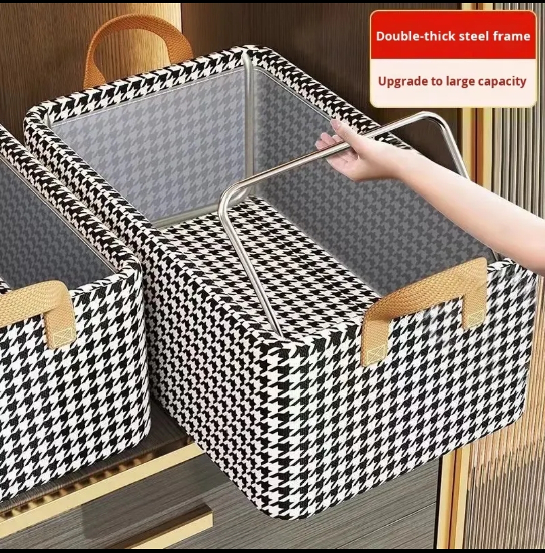 LARGE CAPACITY 47X28X20CM CANVAS MATERIAL FOLDABLE WITH STEEL FRAME FABRIC LAYERED CLOTHES STORAGE ORGANISER WARDROBE BASKET HOUSEHOLD CLOSET ORGANISER.