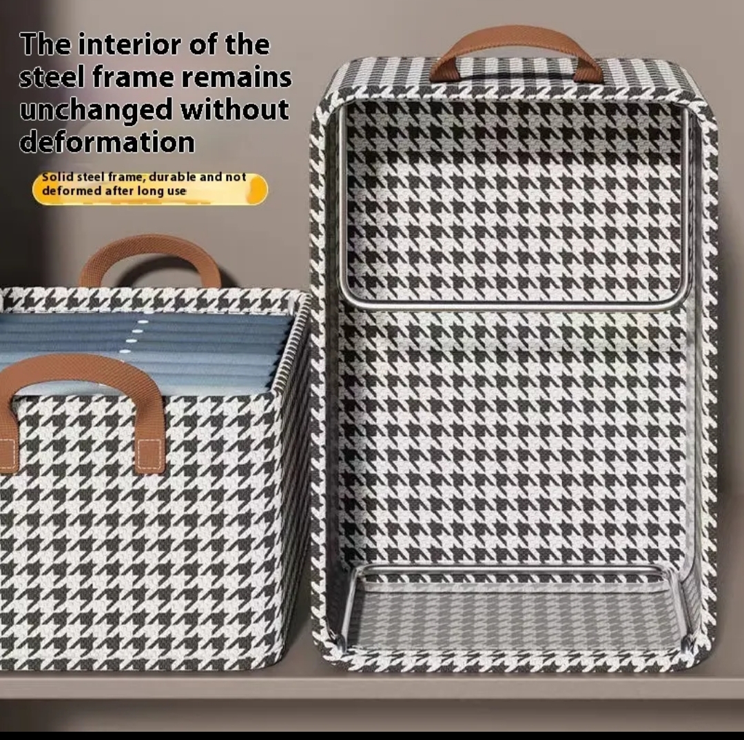 LARGE CAPACITY 47X28X20CM CANVAS MATERIAL FOLDABLE WITH STEEL FRAME FABRIC LAYERED CLOTHES STORAGE ORGANISER WARDROBE BASKET HOUSEHOLD CLOSET ORGANISER.