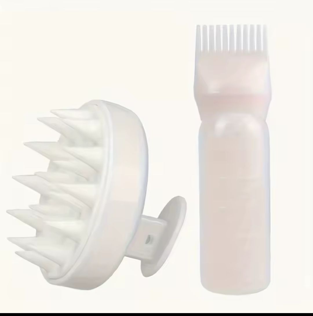 2 PC SET ROOT COMB APPLICATOR BOTTLE PLUS A SCALP AND HAIR MASSAGER SHAMPOO BRUSH FOR HOME AMD SALON USE