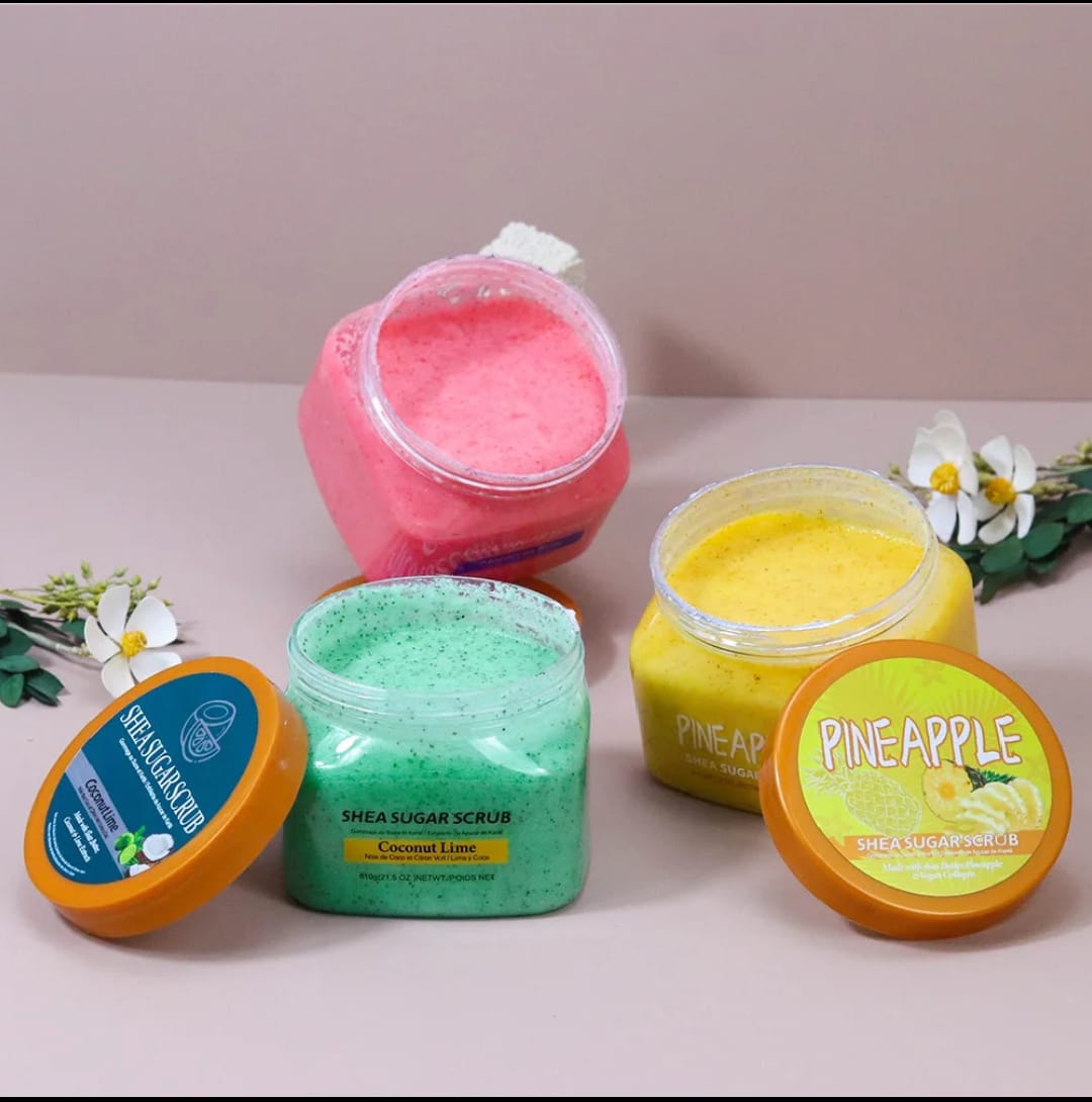 610G BODY SHEA SUGAR EXFOLIATING BODY SCRUB ENRICHED WITH NUTRIENT RICH SEAWEED THAT HELPS IMPROVE SKIN TEXTURE, BRIGHTENS, REMOVES DEAD SKIN AND MOISTURIZES SMOOTH GENTLY CLEANS THE BODY