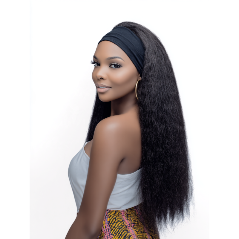 Synthetic Yaki Kinky Straight Wigs  with headband - 28 inch 1B Black & Adjustable Headband & Natural Look(African Women, wigs for ladies, Protective Style, Quick Install, Realis, Birthday Gift)