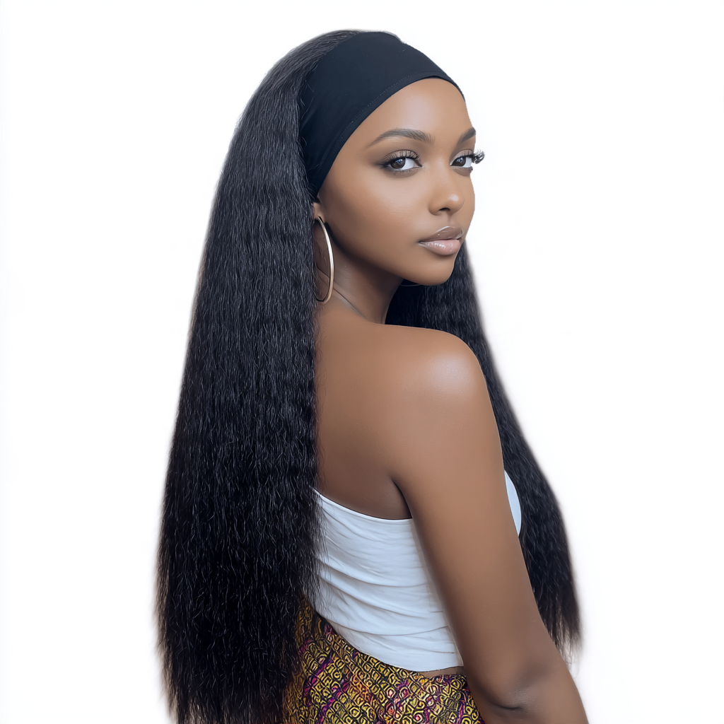 Synthetic Yaki Kinky Straight Wigs  with headband - 28 inch 1B Black & Adjustable Headband & Natural Look(African Women, wigs for ladies, Protective Style, Quick Install, Realis, Birthday Gift)