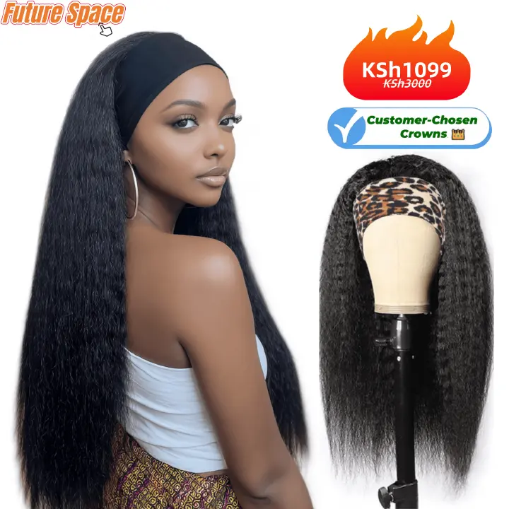 Synthetic Yaki Kinky Straight Wigs  with headband - 28 inch 1B Black & Adjustable Headband & Natural Look(African Women, wigs for ladies, Protective Style, Quick Install, Realis, Birthday Gift)