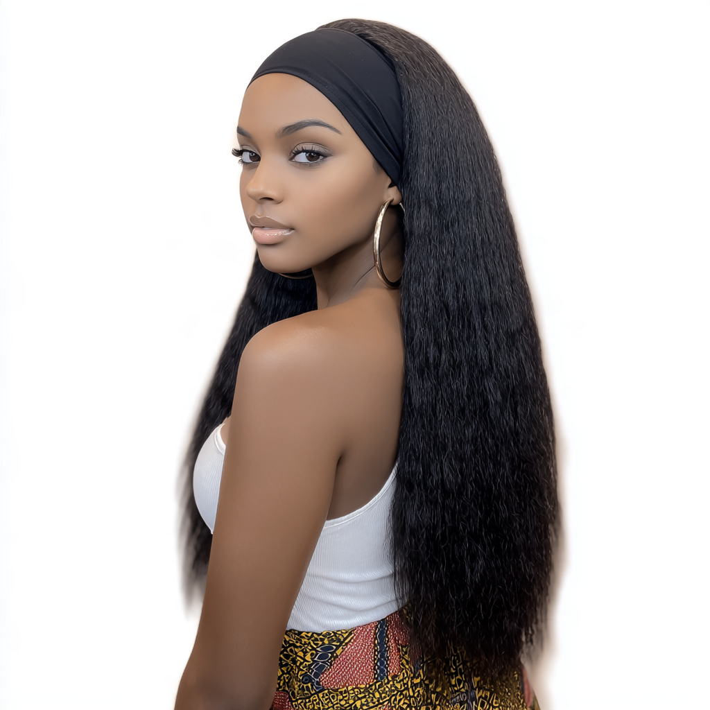 Synthetic Yaki Kinky Straight Wigs  with headband - 28 inch 1B Black & Adjustable Headband & Natural Look(African Women, wigs for ladies, Protective Style, Quick Install, Realis, Birthday Gift)