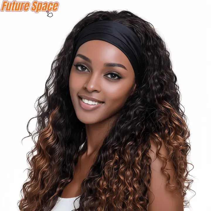 Synthetic Fiber Ice Ribbon Wigs with headband & Deep Roll Gradient Curls & Bold Style (African women, wigs for ladies,Gradient Brown, 20 Inch, Heat Resistant, Party/Event Ready)
