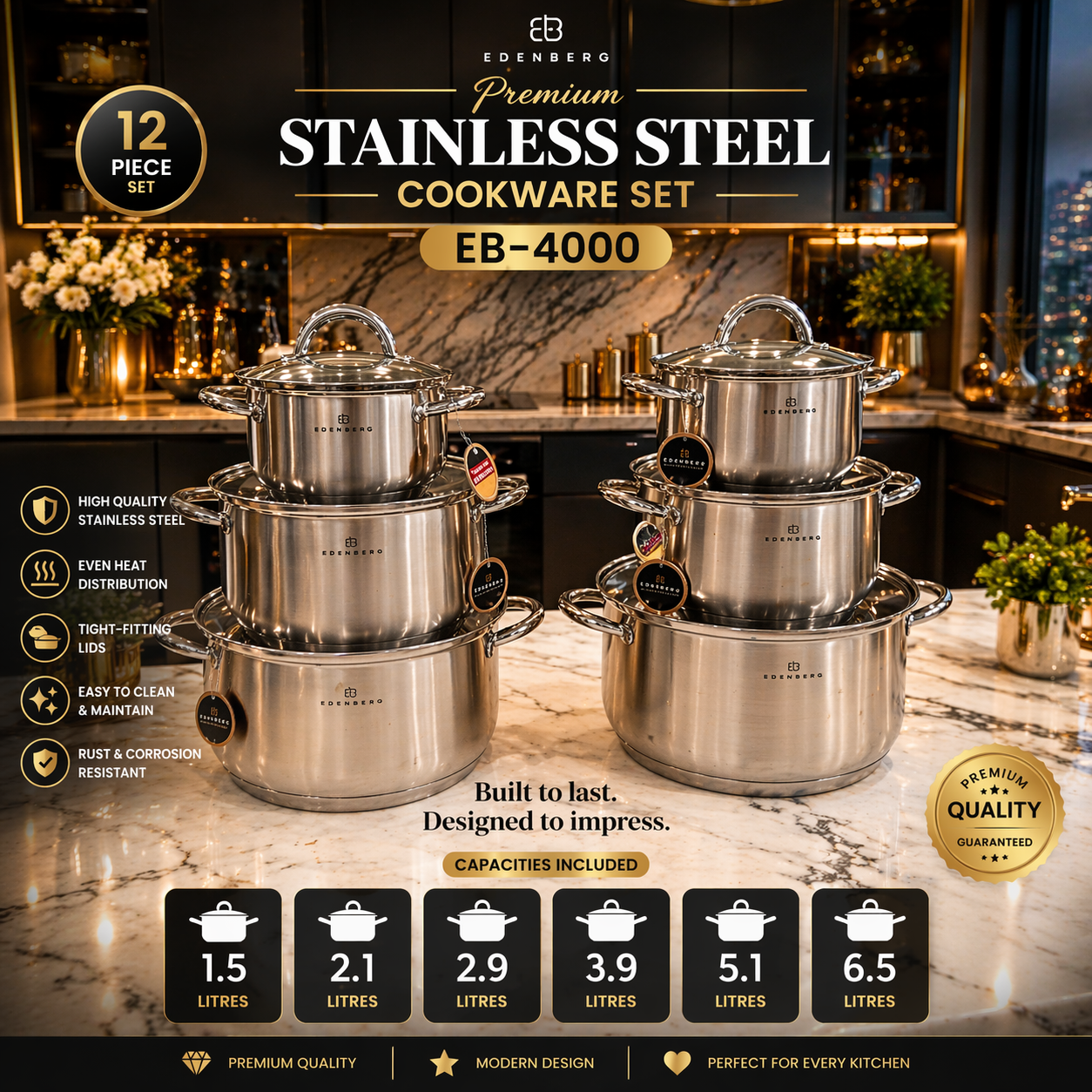 Edenberg 12 piece Stainless steel cookware set. Code EB-4000