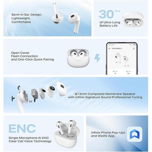 Infinix XBuds 3 XE31 Bluetooth Earbuds Clear Calls & Sound Ai ENC Noise Cancellation Long Battery life 30 hours True Wireless Earbuds