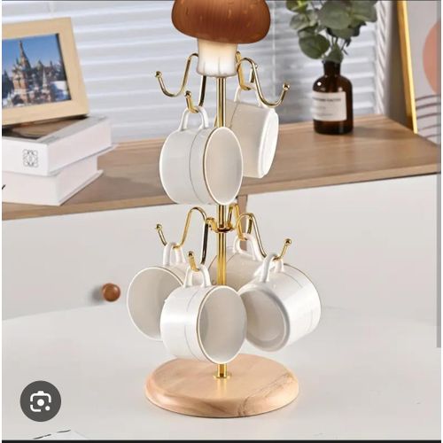 Luxury Golden Mug Tree Stand – Elegant Coffee Cup Organizer with Solid Wood/Bamboo Base