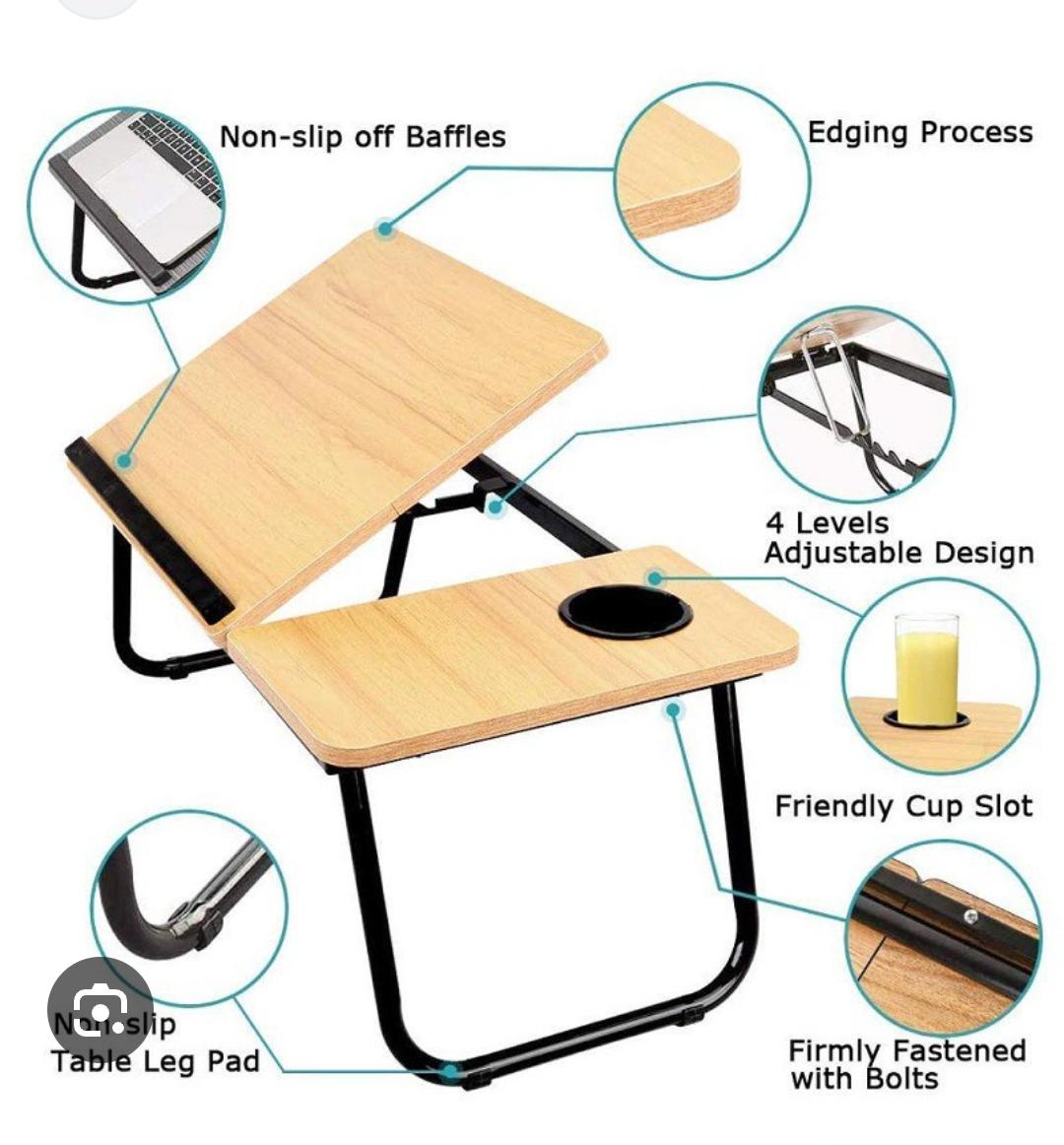 🎯Wooden profile 5 levels Adjustable angle foldable study table or laptop table with cup slot now available