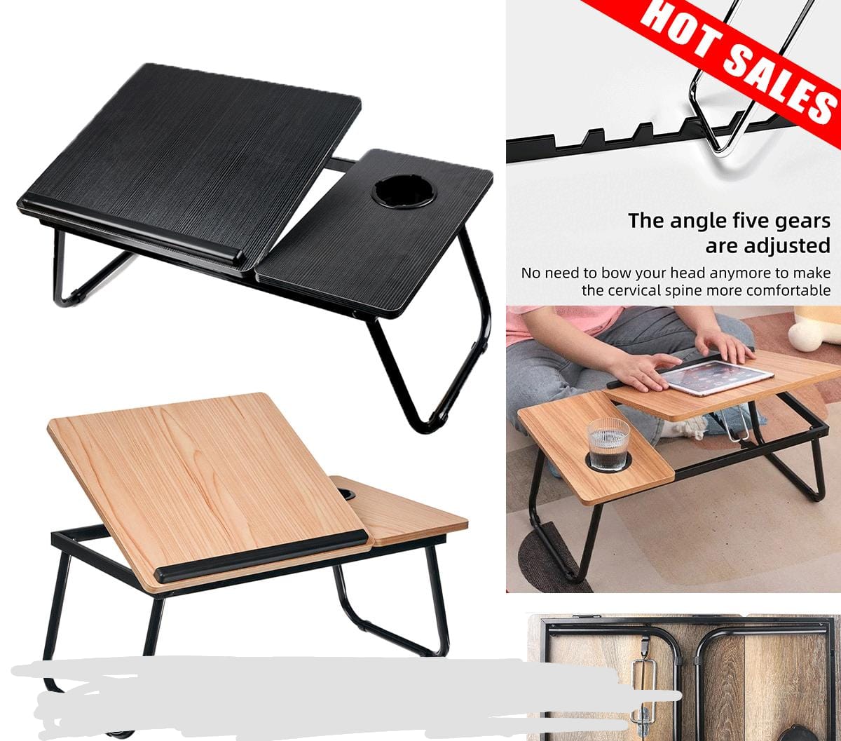 🎯Wooden profile 5 levels Adjustable angle foldable study table or laptop table with cup slot now available