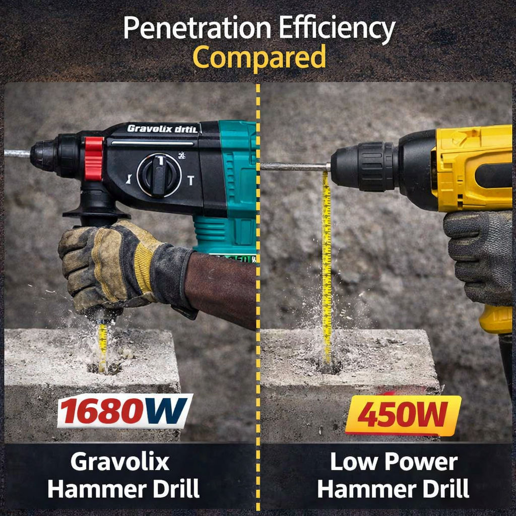 Professional 1680W SDS-Plus Rotary Hammer Drill, 4 Functions Corded Impact Drill with Safety Clutch, Includes 3 Bits & 2 Chisels.