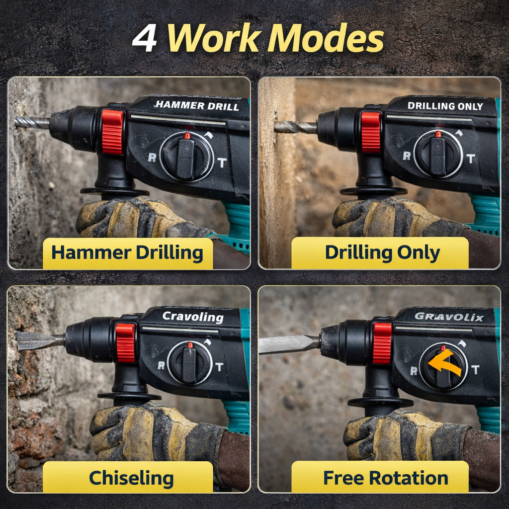 Professional 1680W SDS-Plus Rotary Hammer Drill, 4 Functions Corded Impact Drill with Safety Clutch, Includes 3 Bits & 2 Chisels.