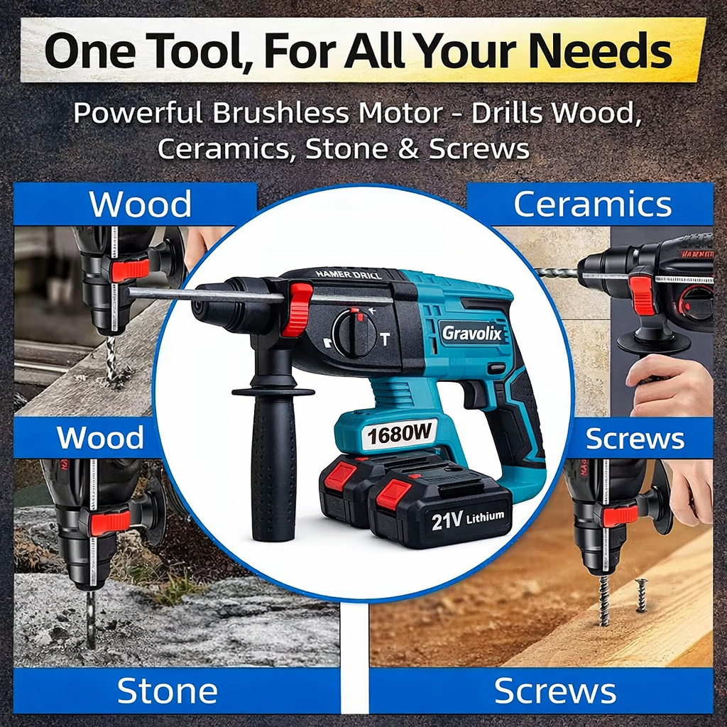 Professional 1680W SDS-Plus Rotary Hammer Drill, 4 Functions Corded Impact Drill with Safety Clutch, Includes 3 Bits & 2 Chisels.