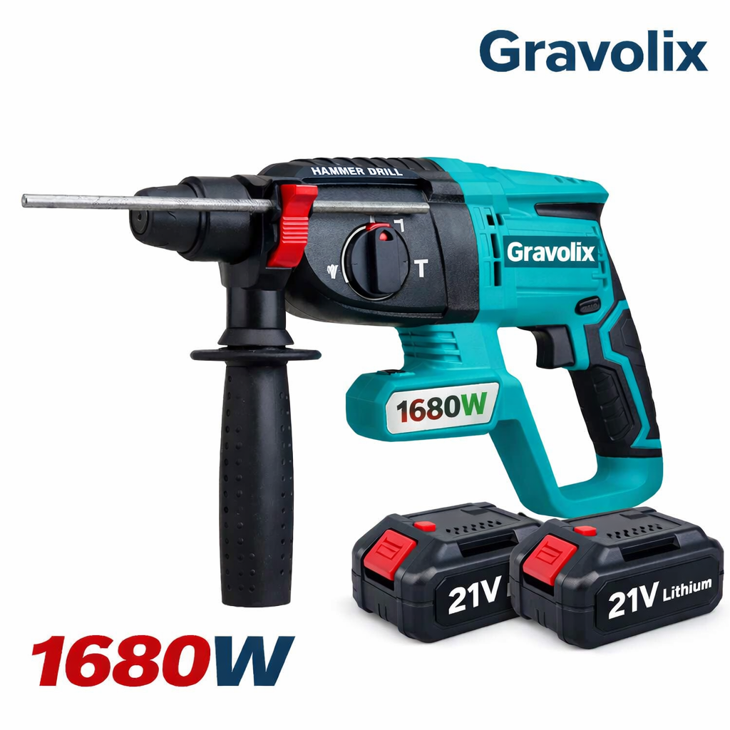 Professional 1680W SDS-Plus Rotary Hammer Drill, 4 Functions Corded Impact Drill with Safety Clutch, Includes 3 Bits & 2 Chisels.