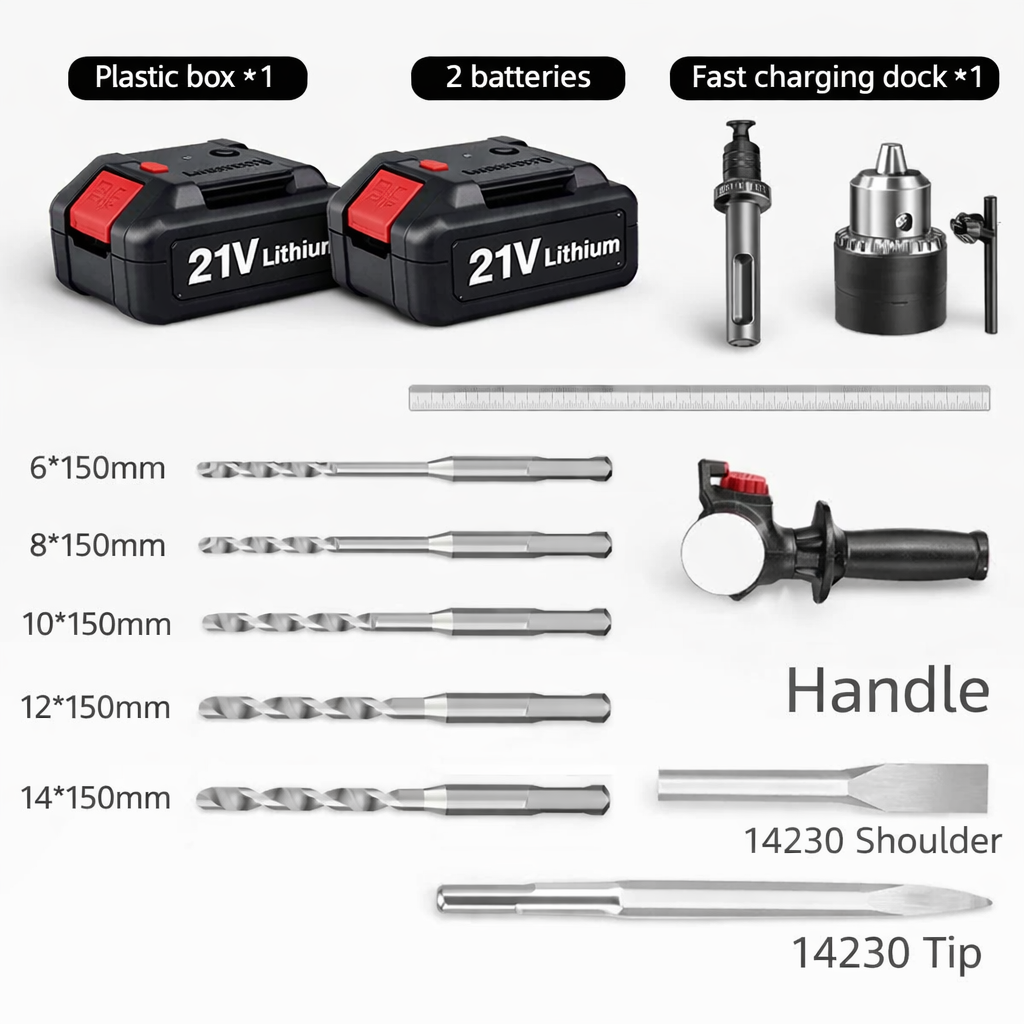 Professional 1680W SDS-Plus Rotary Hammer Drill, 4 Functions Corded Impact Drill with Safety Clutch, Includes 3 Bits & 2 Chisels.