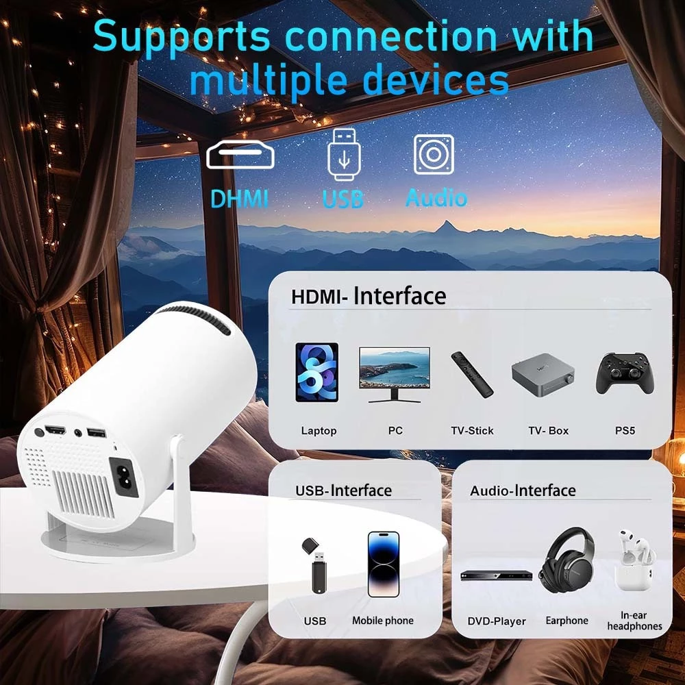 HY300 Mini Projector Portable Home Projector Phone Projector Game Projector 10000 Built-in Games Supports Smartphone Screen Sync
