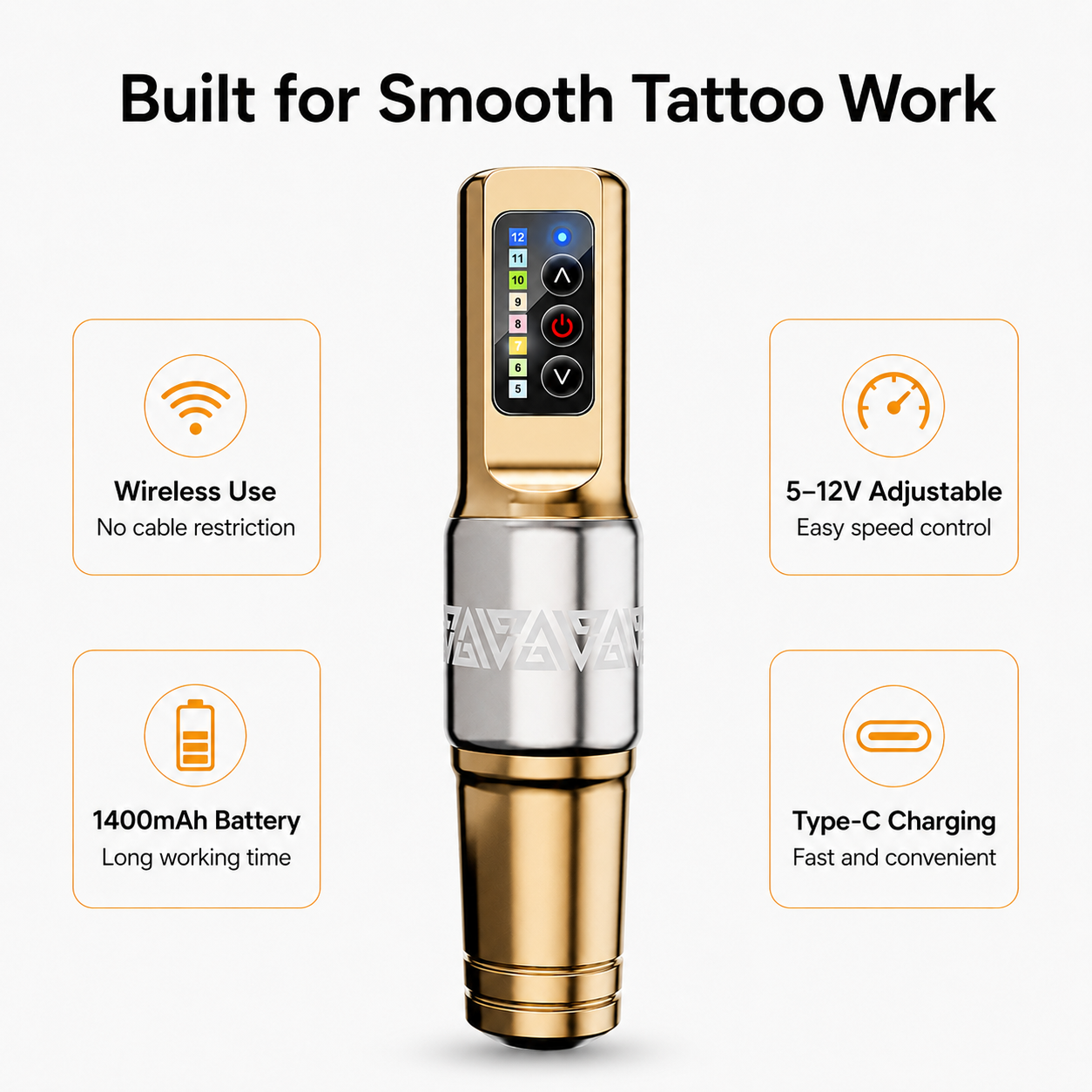 Wireless Tattoo Pen Machine 1400mAh Rechargeable Tattoo Machine 5-12V Adjustable Speed Type-C Charging Tattoo Pen for Beginners and Artists