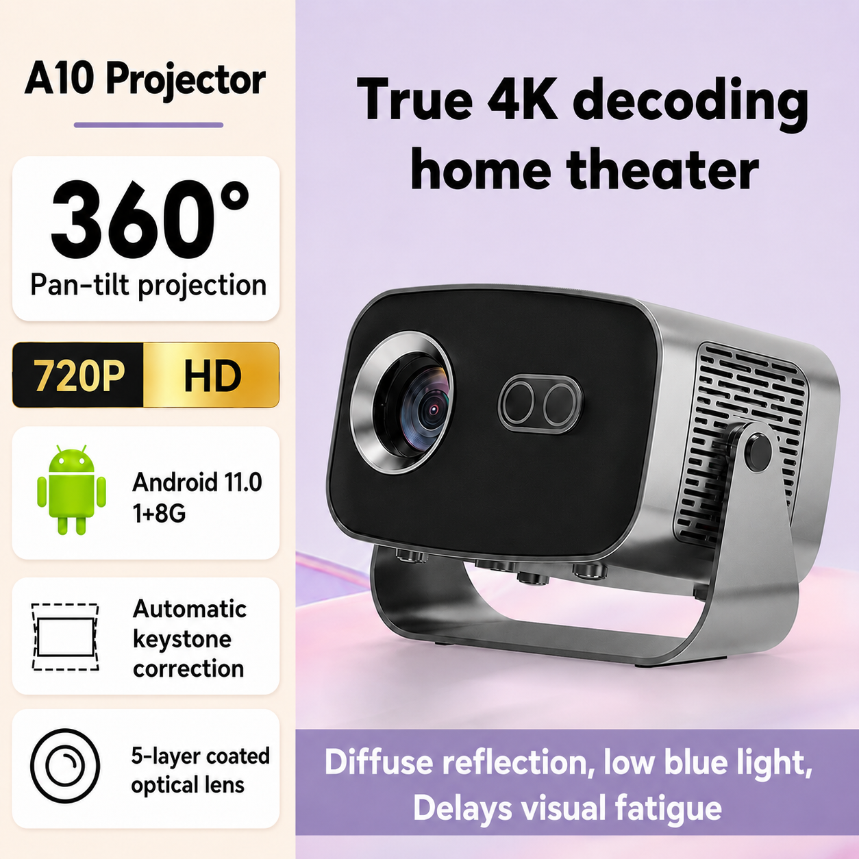 A10 Android Projector 4K Support – Smart Home Theater Projector with Auto Focus & Auto Keystone