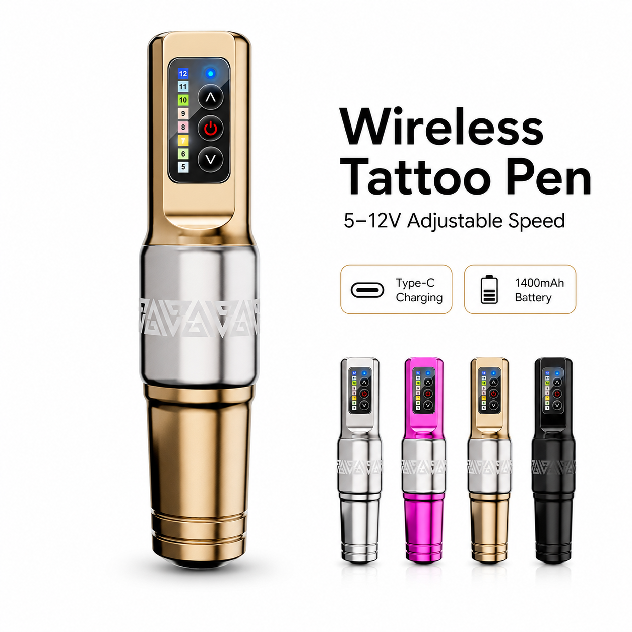 Wireless Tattoo Pen Machine 1400mAh Rechargeable Tattoo Machine 5-12V Adjustable Speed Type-C Charging Tattoo Pen for Beginners and Artists