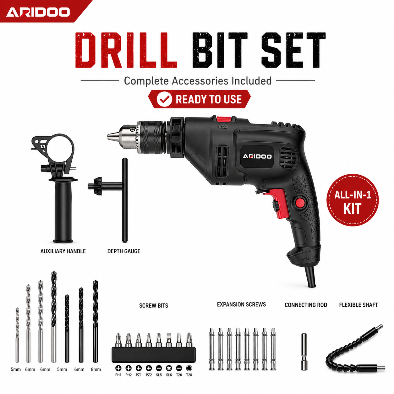 780W Electric Impact Drill Set – Corded Drill Machine with Drill Bits for Wall, Wood & Metal, drilling machine set ,drillling tool drill bit set drill