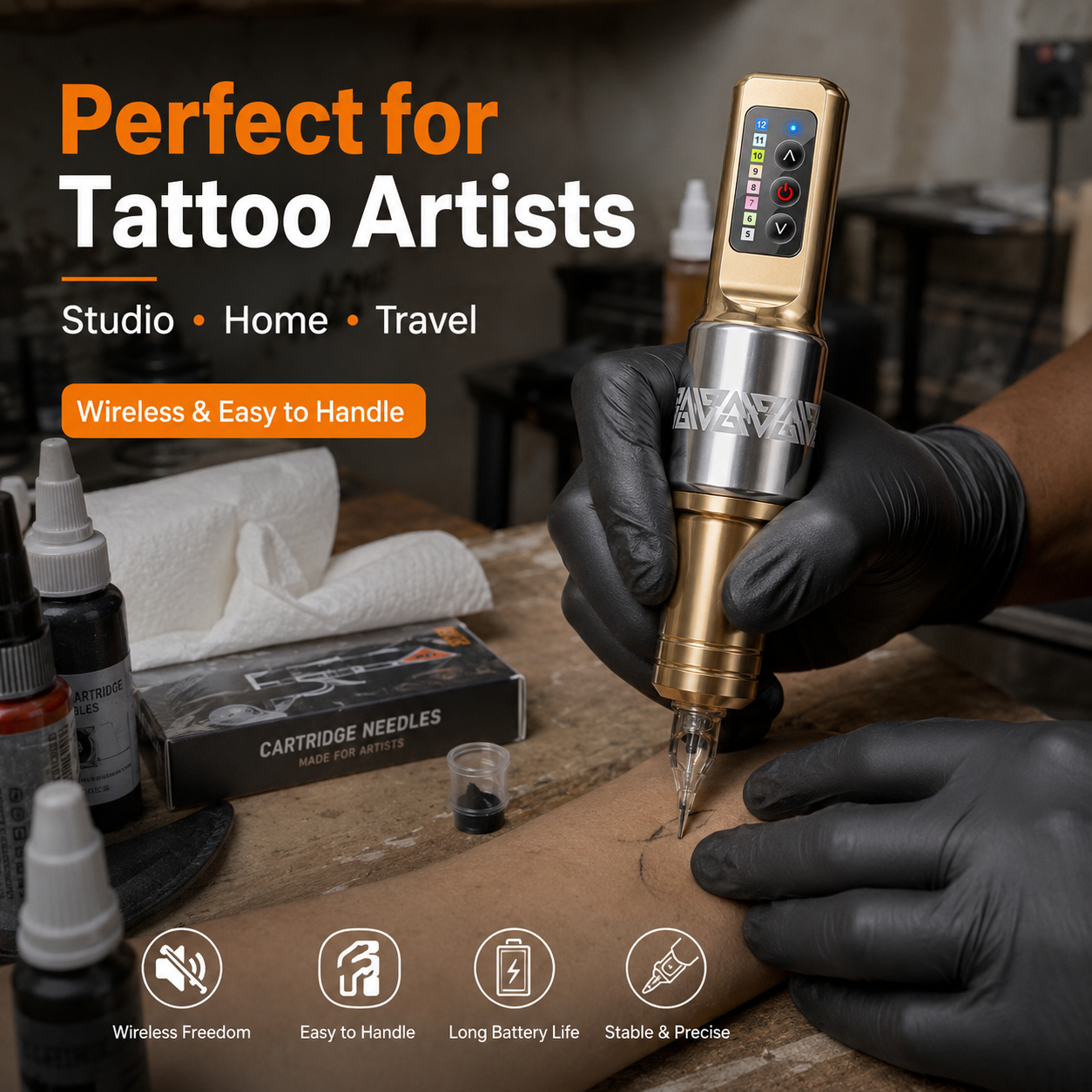 Wireless Tattoo Pen Machine 1400mAh Rechargeable Tattoo Machine 5-12V Adjustable Speed Type-C Charging Tattoo Pen for Beginners and Artists